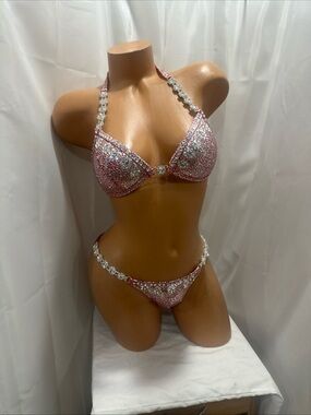 NPC Embellished competition Bikini Suit red/silver small size 34B cup